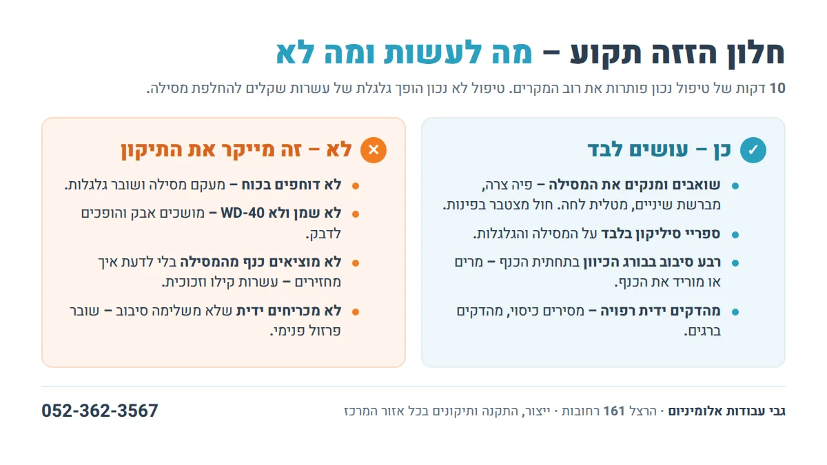 חלון הזזה תקוע – מה לעשות ומה לא: ניקוי מסילה, ספריי סיליקון, בורג כיוון; לא לדחוף בכוח, לא WD-40